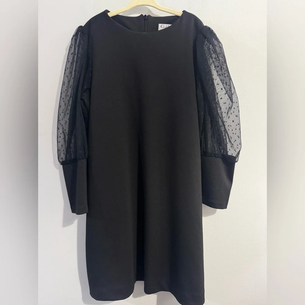 Gabby Claire Black Shift Dress Girls Size 12 Swiss Dot Mesh Puff Sleeve Holiday